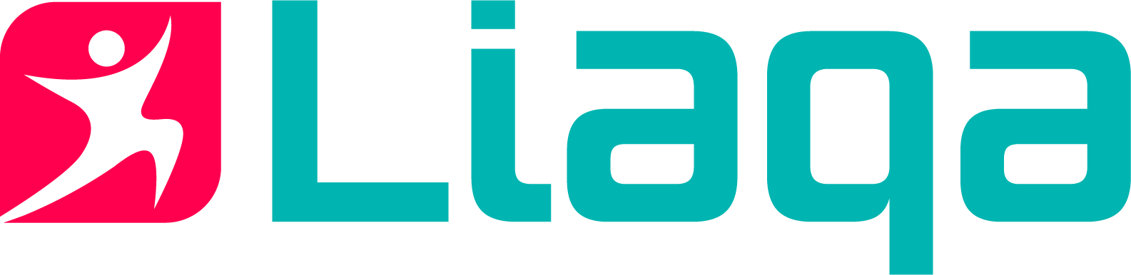 The image shows the word "Liaq" in bold turquoise letters with a stylized red logo on the left. The logo depicts a dynamic figure with arms and legs outstretched, implying movement or activity. The design uses a simple, modern font and color scheme.